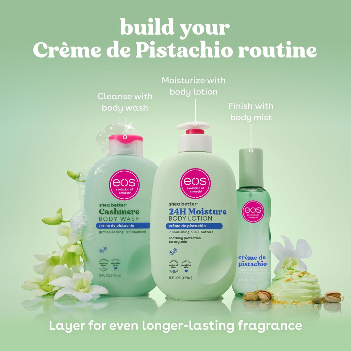 Eos Shea Better Body Lotion- Crème De Pistachio, 24-Hour Moisture Skin Care, Lightweight & Non-Greasy, Made with Natural Shea, Vegan, 16 Fl Oz