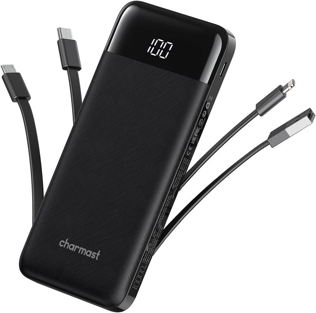 Charmast Portable Charger with Built in Cables, Power Bank with Cords Wires, Slim 10000Mah Travel Battery Pack 6 Outputs 3 Inputs 3A Fast Charging for Samsung Google Pixel LG Moto Iphone Ipad