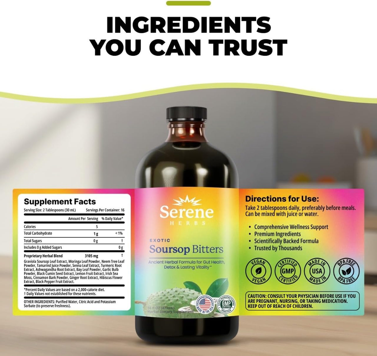 Serene Herbs - Soursop Bitters Liquid - Organic Herbal Guanabana Detox with Black Seed, Moringa & Ginger - Supports Digestive Wellness & Immune Function - 16 Fl Oz​