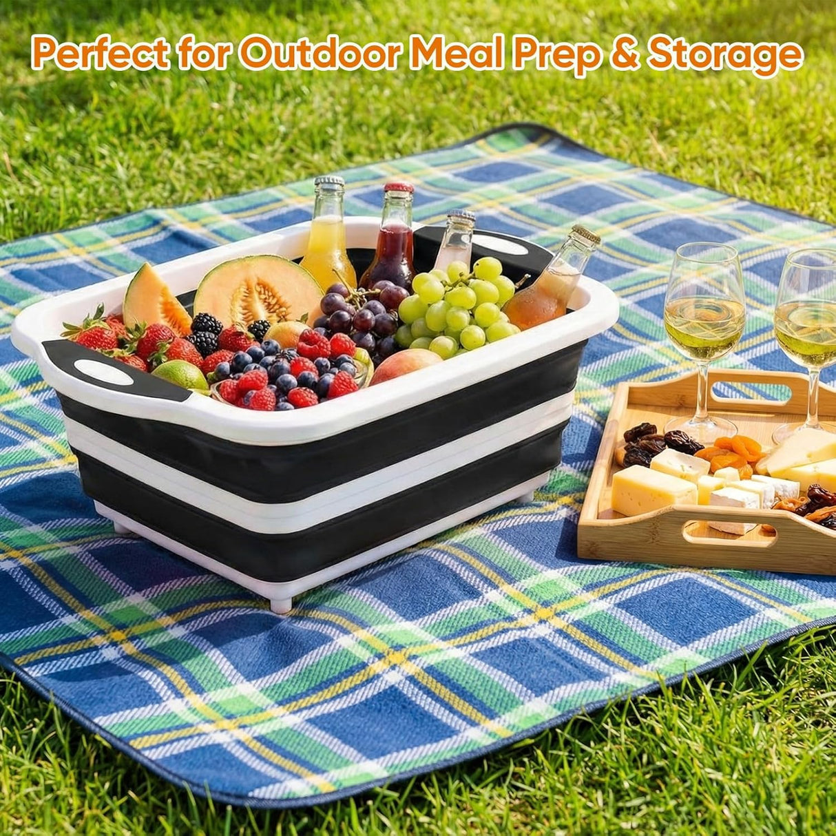 Collapsible BBQ Prep Tub with Lid, Foldable Camping Sink with Colander, Cutting Board, Dish Basin for Kitchen, Bowl, Vegetable and Fruit, Storage Basket for Picnic-Orange