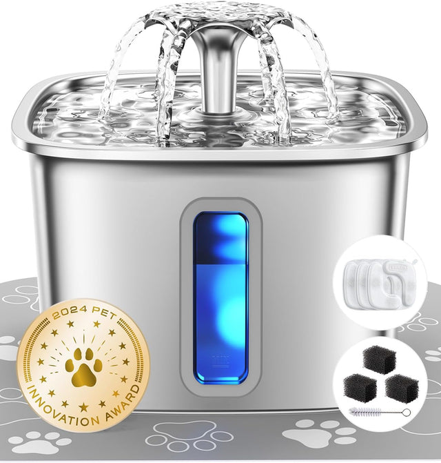 Veken Innovation Award Winner Stainless Steel Cat Water Fountain, 108Oz/3.2L Automatic Pet Fountain Dog Water Dispenser with 3 Replacement Filters & Silicone Mat, Gifts for Cats, Dogs (Silver)