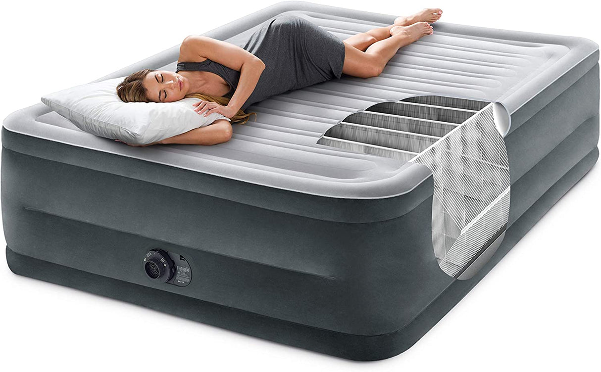 Intex 64417ED 22In Queen Dura-Beam Comfort Plush High-Rise Inflatable Air Mattress with Built in Pump for Travel and Camping, 600Lb Weight Capacity