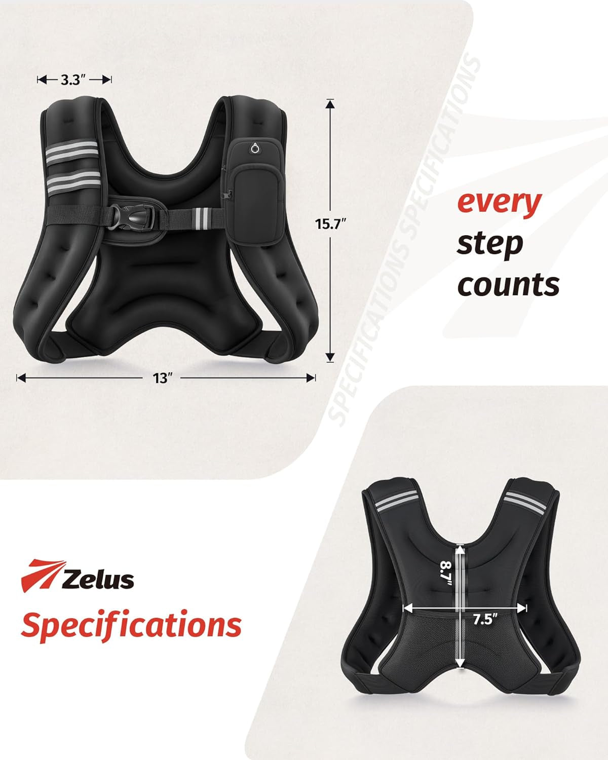 ZELUS Weighted Vest, 6Lb/8Lb/12Lb/16Lb/20Lb/25Lb/30Lb Weight Vest with Reflective Stripe for Workout, Strength Training, Running, Fitness, Muscle Building, Weight Loss, Weightlifting