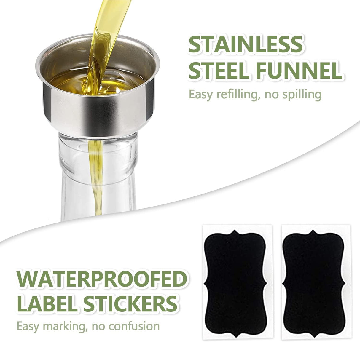 Leaflai 17Oz Olive Oil Dispenser Bottle, 500Ml Oil & Vinegar Cruet with 2 Stainless Steel Pourers, 2 Labels,1 Brush and 1 Funnel for Kitchen
