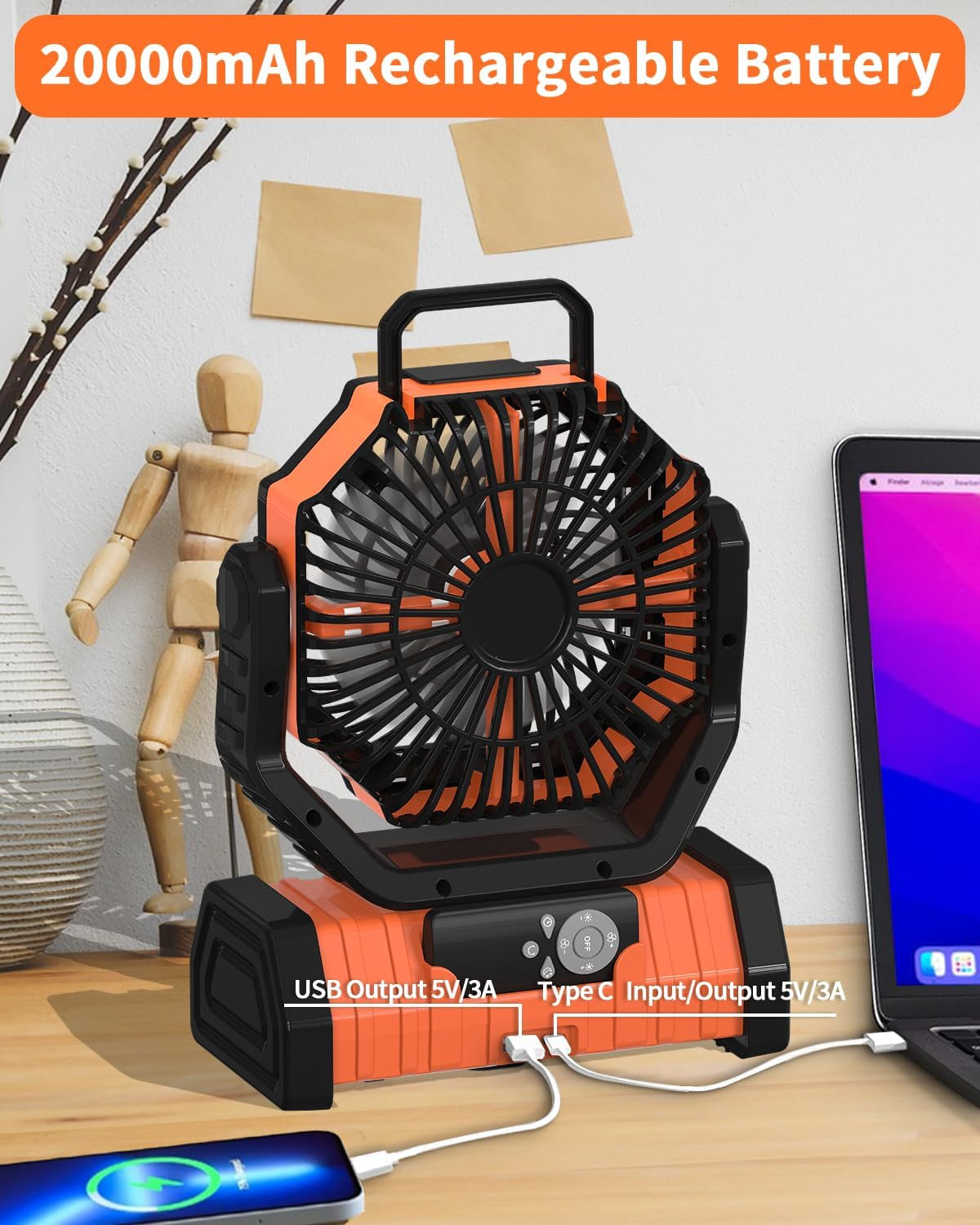 ADUST Camping Fan - 20000Mah Battery Powered Fan Battery Operated Rechargeable Portable Outdoor Tent Fans with Hanging Hook, Cordless, 4 Speeds, Remote Control - Orange