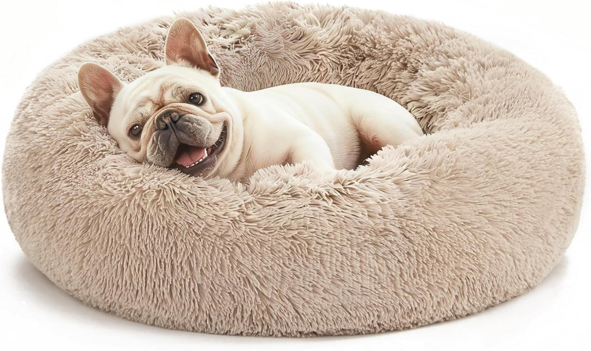Love'S Cabin Calming Dog & Cat Bed, Cat Bed for Indoor Cats, Anti-Anxiety Donut round Bed, Fluffy Warming Pet Bed for Small Medium Dogs and Cats, Beige Taupe 20"/24"