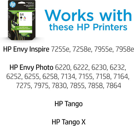 HP 64 Black & Tri-Color Ink Cartridges Printers (Combo Pack) | Works with Printer Series: Inspire 7950E; Envy Photo 6200, 7100, 7800; Tango | Eligible for Instant Ink | X4D92AN