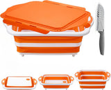 Collapsible BBQ Prep Tub with Lid, Foldable Camping Sink with Colander, Cutting Board, Dish Basin for Kitchen, Bowl, Vegetable and Fruit, Storage Basket for Picnic-Orange