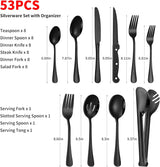 53PCS Black Silverware Set for 8 with Flatware Drawer Organizer, Stainless Steel Cutlery Set with Steak Knives, Include Spoons and Forks Set & Serving Utensils, Mirror Polished, Dishwasher Safe