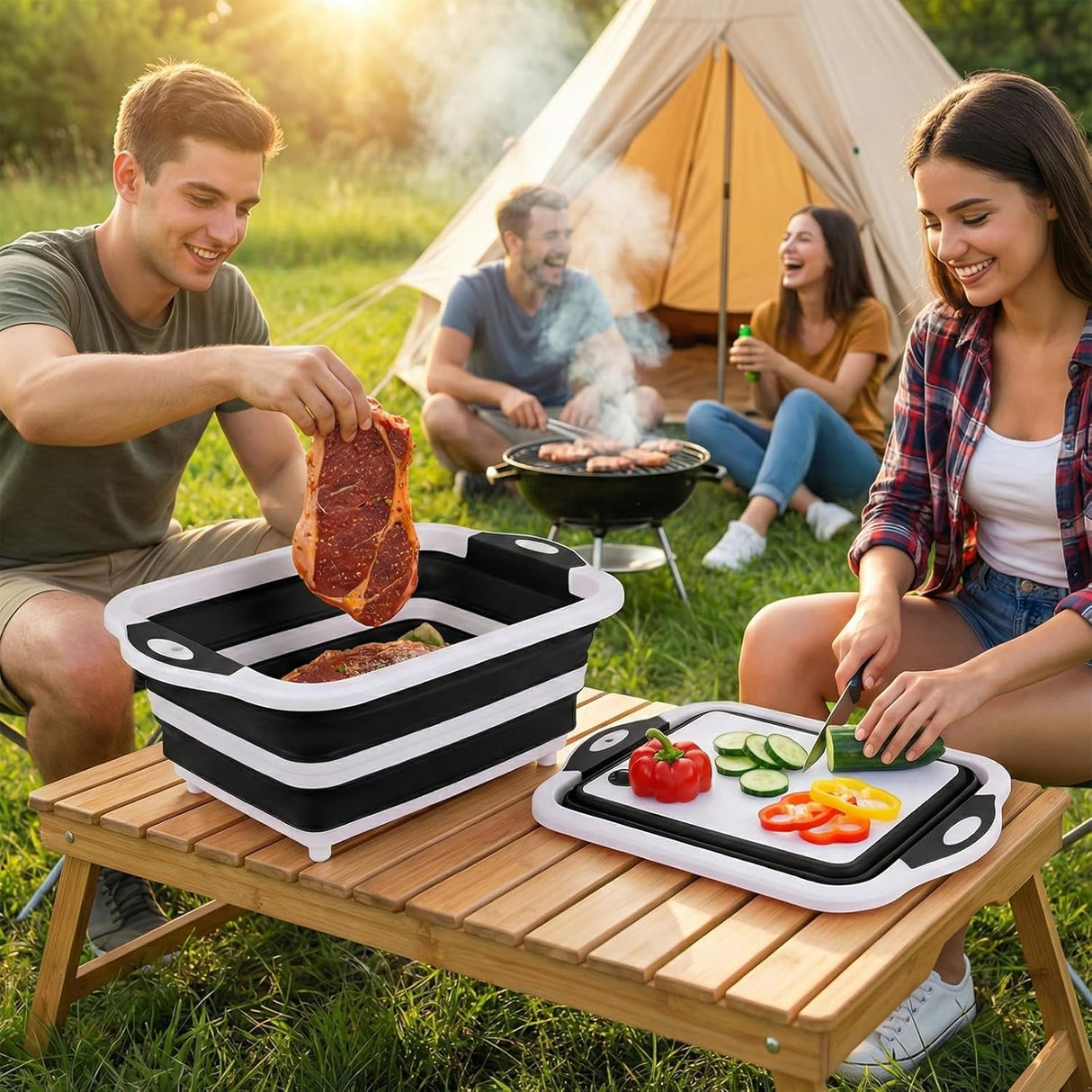 Collapsible BBQ Prep Tub with Lid, Foldable Camping Sink with Colander, Cutting Board, Dish Basin for Kitchen, Bowl, Vegetable and Fruit, Storage Basket for Picnic-Orange
