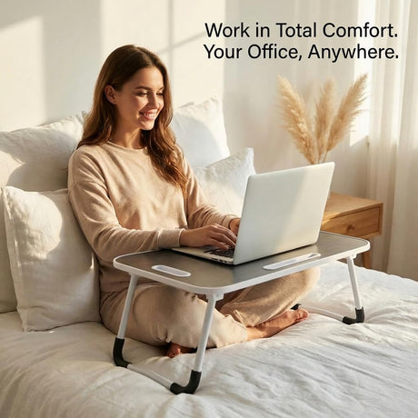 BUYIFY Foldable Lap Desk for Laptop & Writing - 23 Inch Bed Tray Table with Cup Holder & Tablet Slot - Portable Notebook Stand for Eating, Sofa, Couch & WFH Students (Black)