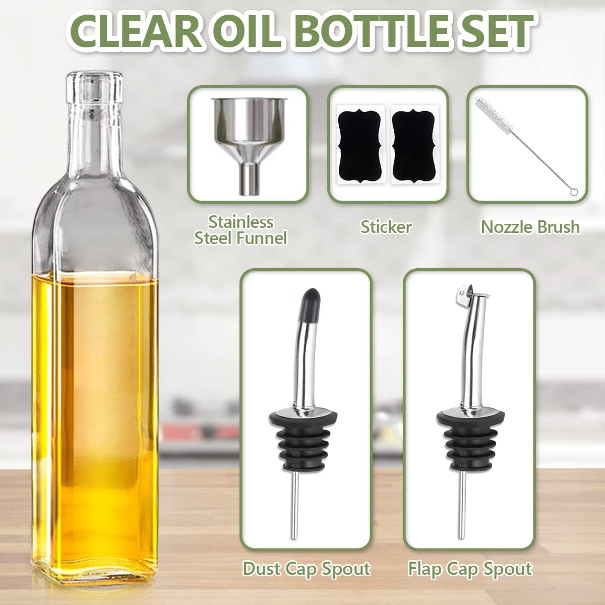 Leaflai 17Oz Olive Oil Dispenser Bottle, 500Ml Oil & Vinegar Cruet with 2 Stainless Steel Pourers, 2 Labels,1 Brush and 1 Funnel for Kitchen