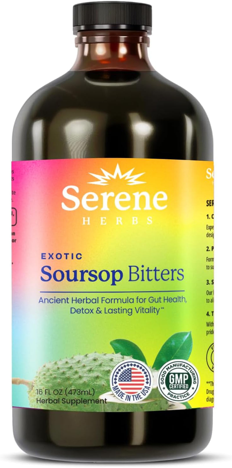 Serene Herbs Soursop Bitters Liquid with Soursop Leaves for Gut Cleanse, Detox & Immune Boost with Black Seed, Moringa, Irish Moss, Ashwaganda, Turmeric, 16 Fl Oz (Pack of 1), Mango