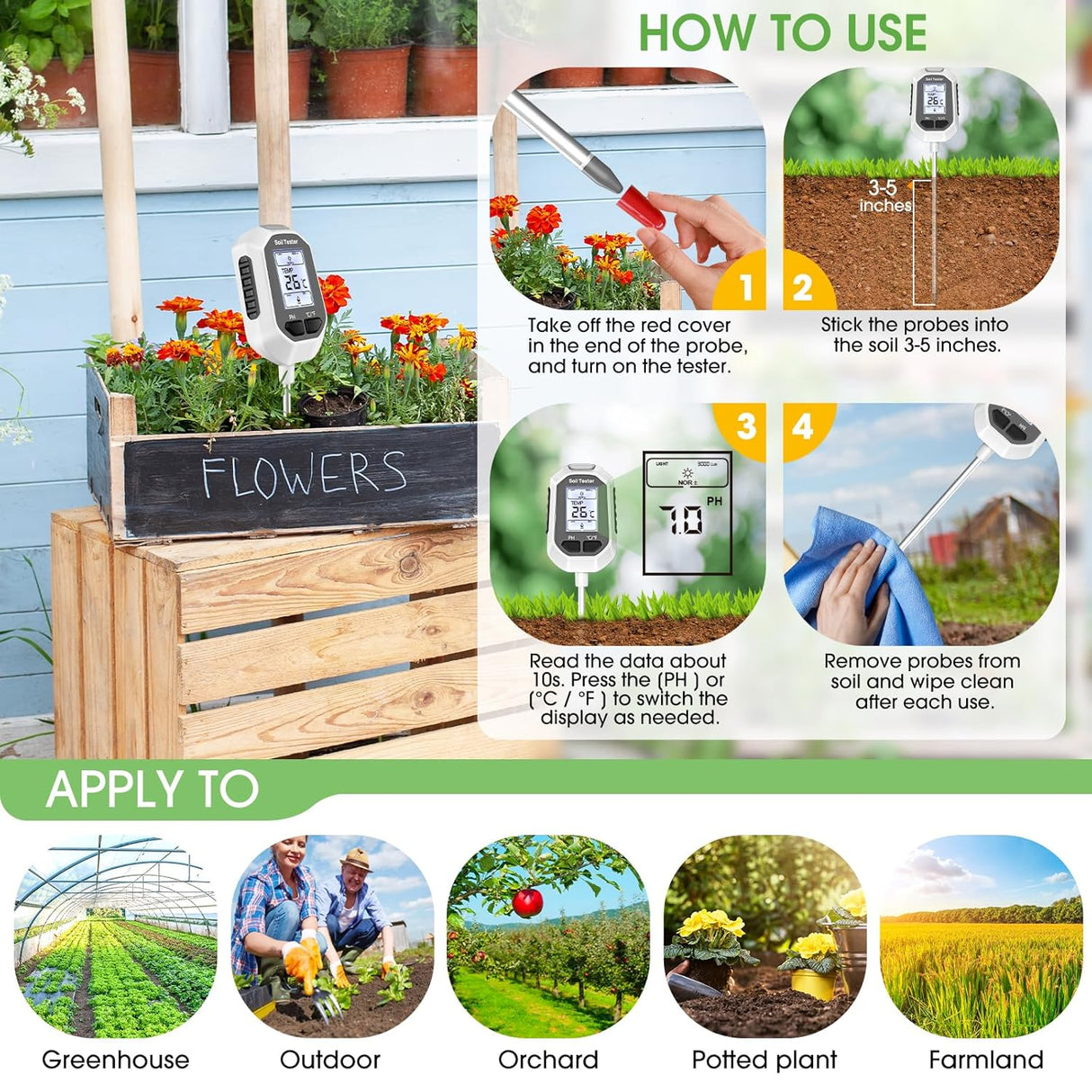 YAMRON 4-In-1 Soil Moisture Meter, Digital Plant Temperature/Soil Moisture Test & PH Meter/Sunlight Intensity, Backlight LCD Display for Gardening, Farming and Outdoor Plants