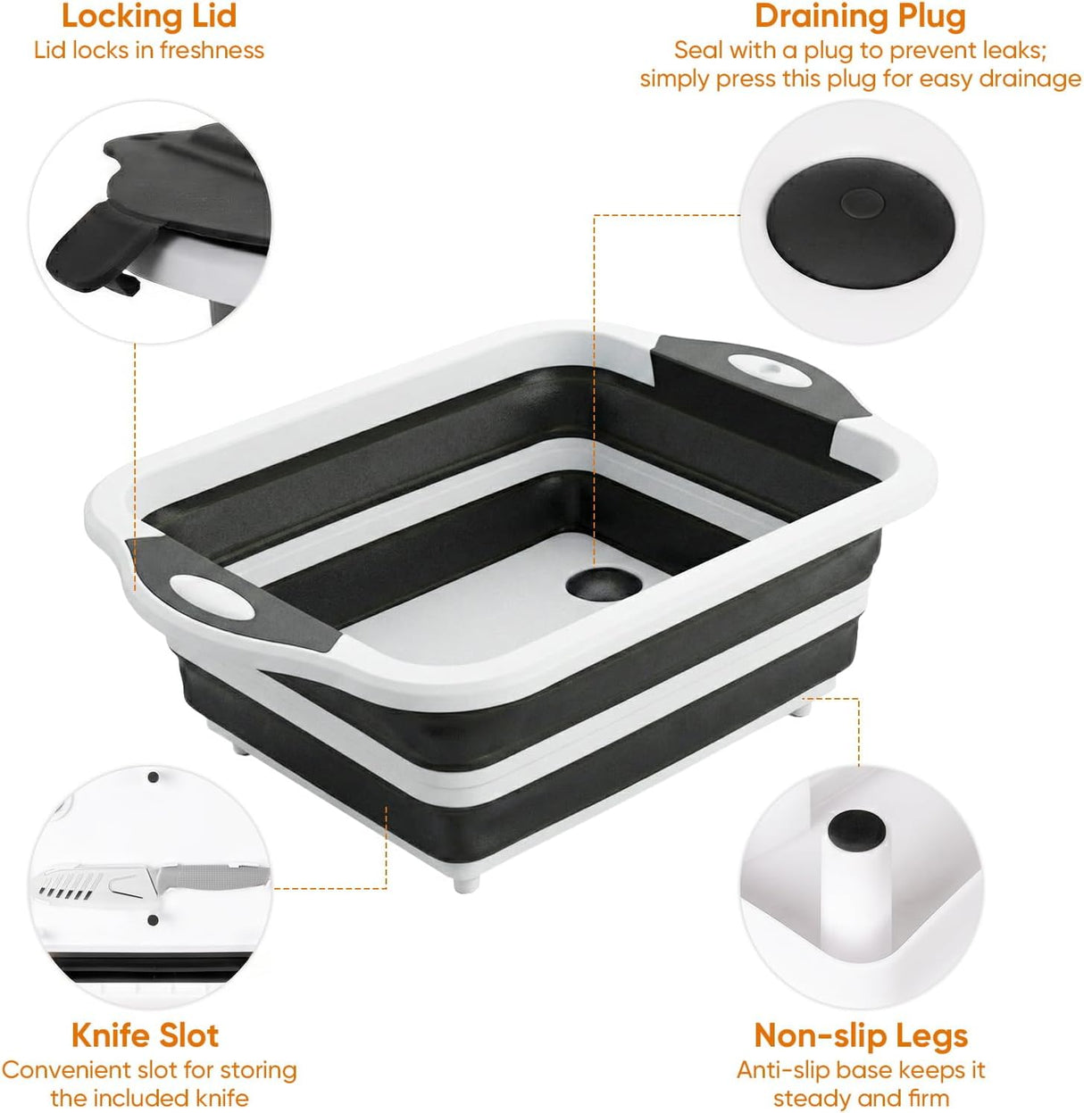 Collapsible BBQ Prep Tub with Lid, Foldable Camping Sink with Colander, Cutting Board, Dish Basin for Kitchen, Bowl, Vegetable and Fruit, Storage Basket for Picnic-Black