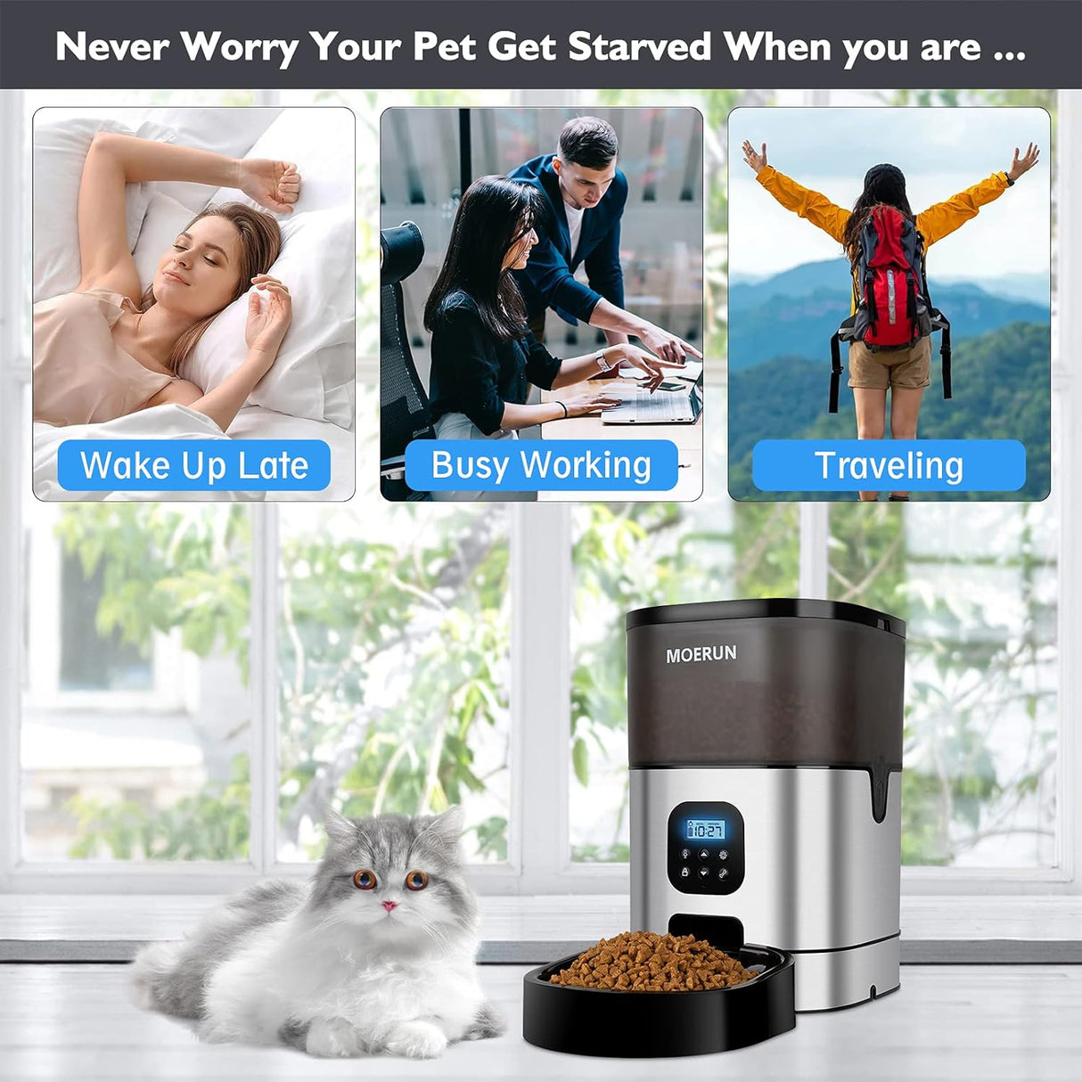 Automatic Cat Feeder MOERUN 6L Transparent Cat Food Dispenser Timed Cat Feeder with Desiccant Bag,Programmable Feeder 1-9 Portion 1-4 Meals per Day 20S Voice Recorder for Small&Medium Pets