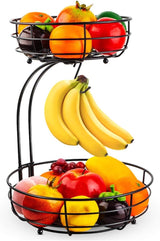 Auledio Iron 2-Tier Countertop Fruit Vegetables Basket Bowl Storage with Banana Hanger, Black, 64 Ounces