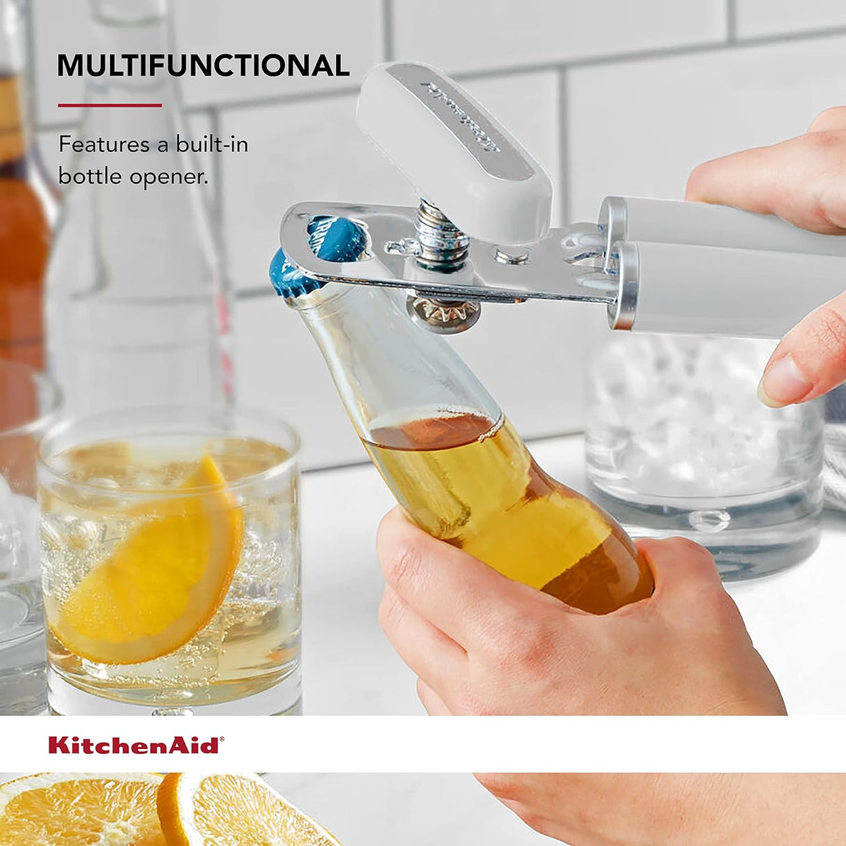 Kitchenaid Classic Multifunction Can Opener and Bottle Opener Easy to Use, Razor Sharp Stainless Steel Cutting Wheel, Soft Ergonomic Handles, White