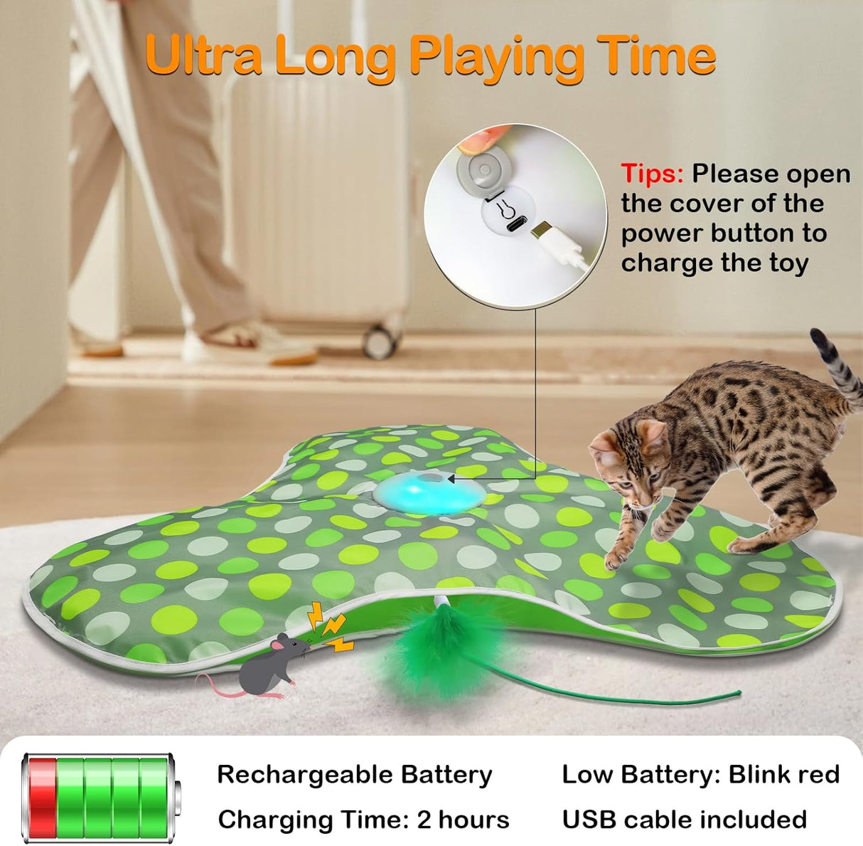 Umosis Interactive Cat Toys Rechargeable,Moving Concealed Feathers,Real Mouse Squeaky,Touch Activated Cat Kitten Toy Exercise Toys for Indoor Bored Adult Cats