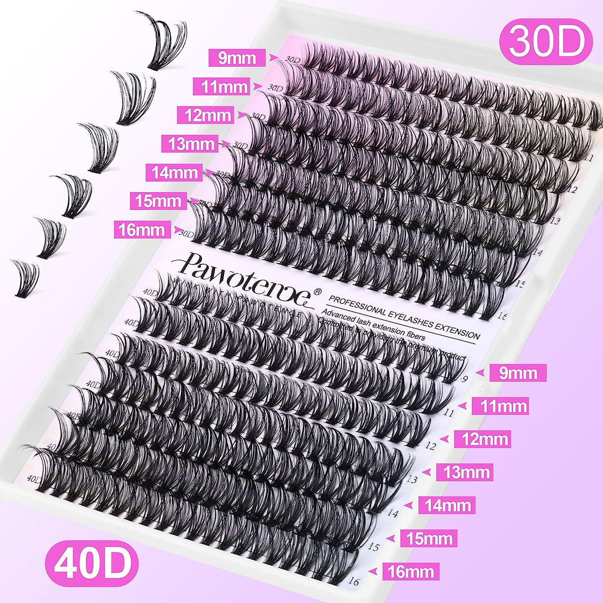 Pawotence Lash Extension Kit DIY 280Pcs Lash Clusters Eyelash Extension Kit, 9-16Mm 30D 40D Individual Lashes Kit with Lash Bond and Seal, Lash Tweezers for Self Use (30D&40D, 0.07D, 9-16Mm, Kit)