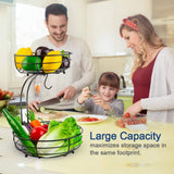 Auledio Iron 2-Tier Countertop Fruit Vegetables Basket Bowl Storage with Banana Hanger, Black, 64 Ounces