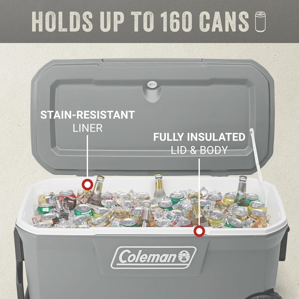 Coleman Classic Series Insulated Portable Rolling Cooler with Wheels, Leak-Resistant Outdoor Hard Cooler Keeps Ice up to 5 Days, 62-Quart