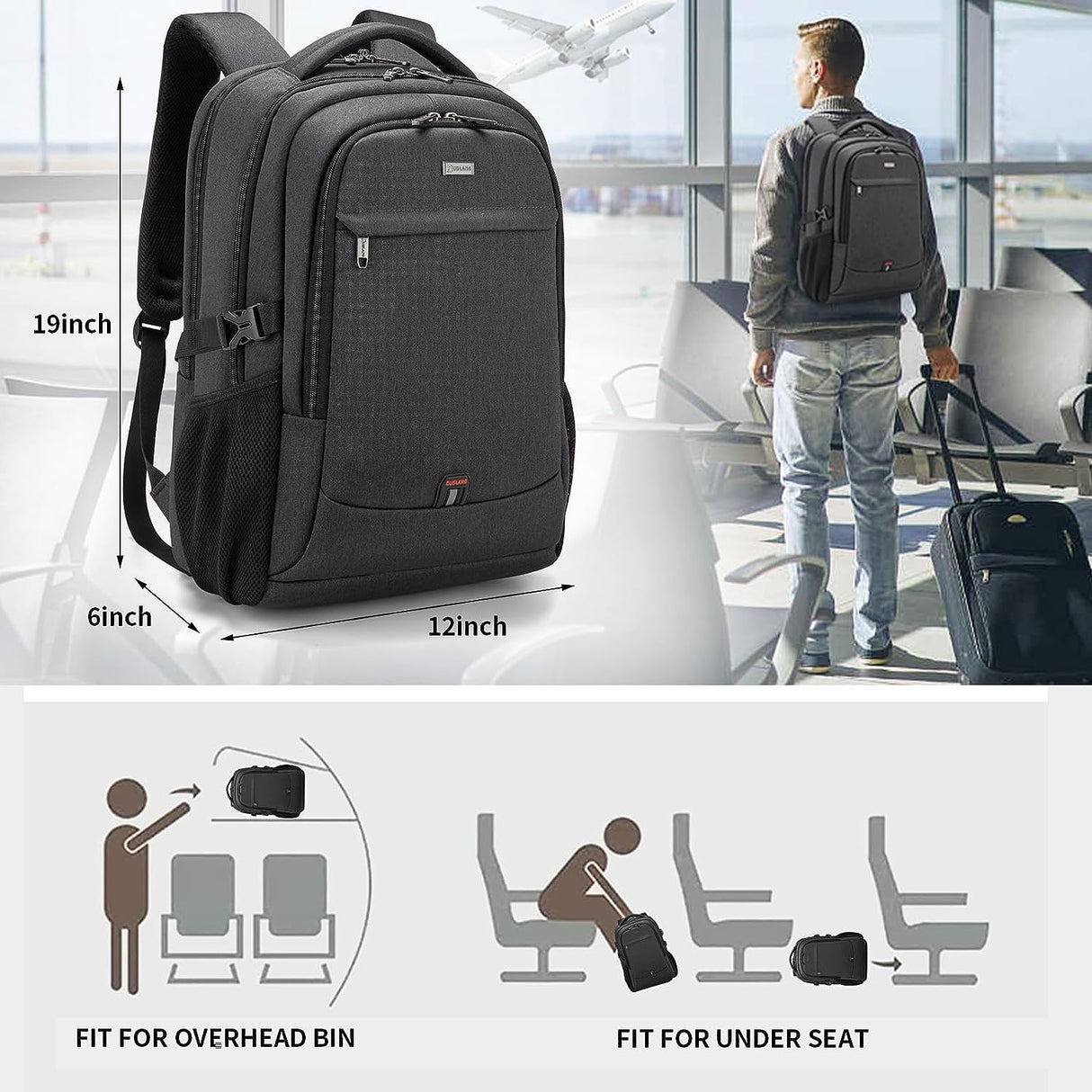 DUSLANG 17 Inch Laptop Backpack for Travel Water Resistant College Backpack for Men/Women Laptop Bag with USB Charging Port,Black