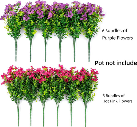 Hyeflora Artificial Flowers for Outdoor Indoor Garden Home Decoration, Faux Flower Daisy with Eucalyptus Leaves Fake Plants Greenery Boxwood Porch Patio, 12 Bundles (Purple Pink)