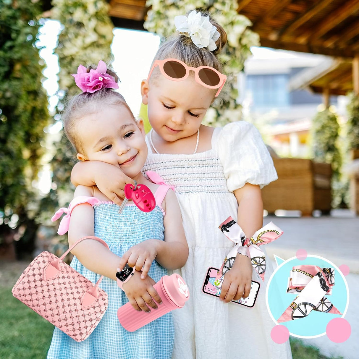 Oisacirg Play Purse for Little Girls, 32PCS Toddler Purse with Pretend Makeup for Kids, Princess Toys Includes Handbag, Phone, Wristwatch, Silk Scarf Kids Toy Purse Birthday Gift for Girls 3 4 5 6 +