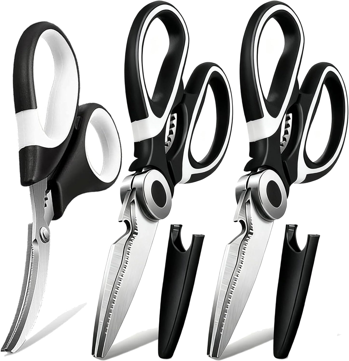 OMDAR Food Grade Kitchen Scissors All Purpose 3 Pack - Heavy Duty Stainless Steel Cooking Shears for Cutting Meat, Food, Fish, Poultry Sharp Sissors for Dishwasher Safe - with Protective Sheath