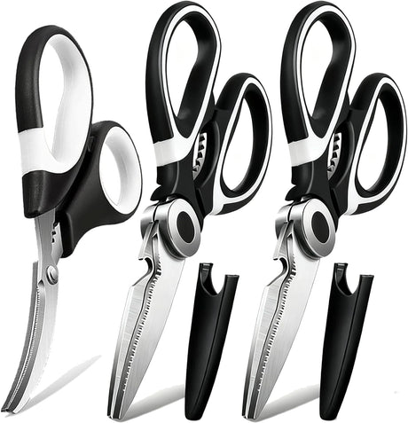 OMDAR Food Grade Kitchen Scissors All Purpose 3 Pack - Heavy Duty Stainless Steel Cooking Shears for Cutting Meat, Food, Fish, Poultry Sharp Sissors for Dishwasher Safe - with Protective Sheath