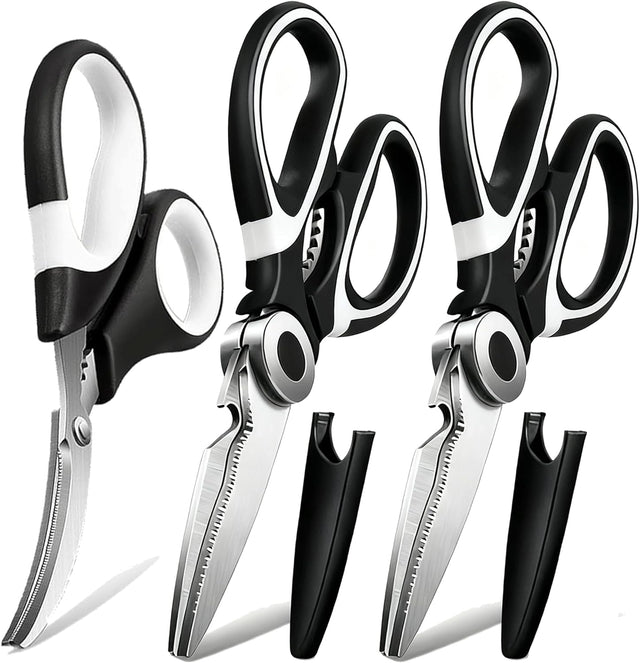 OMDAR Food Grade Kitchen Scissors All Purpose 3 Pack - Heavy Duty Stainless Steel Cooking Shears for Cutting Meat, Food, Fish, Poultry Sharp Sissors for Dishwasher Safe - with Protective Sheath