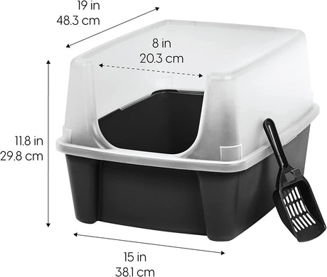 IRIS USA Cat Litter Box Large Open Top with High Sided Walls Tall Scatter Shield Scoop Included Easy Clean Plastic Pan Stain Resistant for Big Cats Kittens Indoor Multi-Cat Households