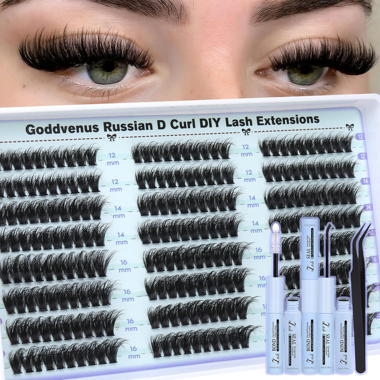 Goddvenus Lash Clusters Kit Wispy Lashes Clusters Natural Fluffy Eyelashes Clusters 12Mm 14Mm 16Mm Mixed Cluster Eyelash Extensions Kit D Curl DIY Individual Lashes Kit with Bond and Seal Lash Glue