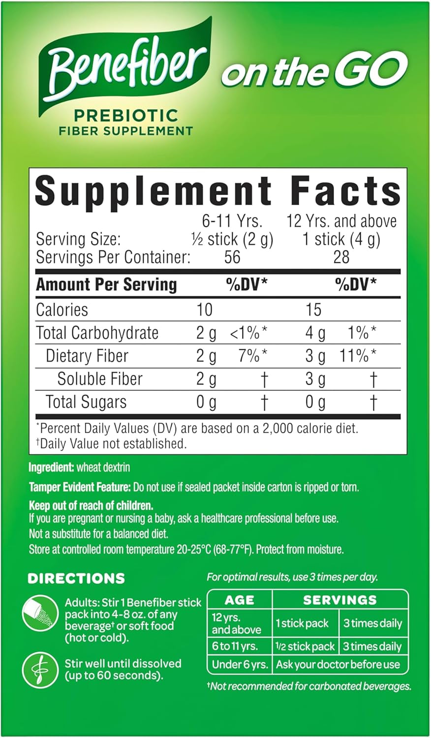 Benefiber on the Go Prebiotic Fiber Supplement Powder for Digestive Health, Daily Fiber, Unflavored - 28 Sticks (3.92 Ounces)