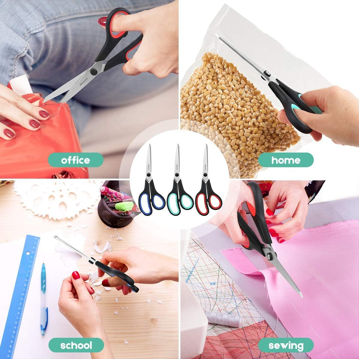Ibayam 3-Pack 8" Heavy Duty Scissors with Ultra Sharp Blades and Comfort Grip Handles - for Office, Home, School, Sewing, and Crafts