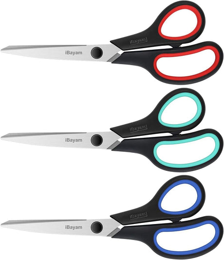 Ibayam 3-Pack 8" Heavy Duty Scissors with Ultra Sharp Blades and Comfort Grip Handles - for Office, Home, School, Sewing, and Crafts